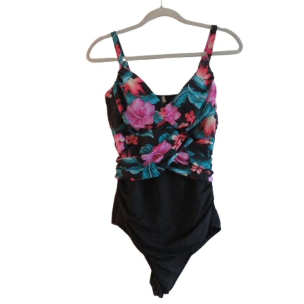 LAND'S END Tropical Floral Ruched Slimming One Piece Swimsuit Black Pink - Sz 14